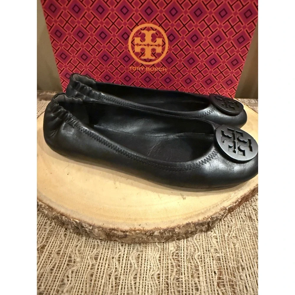 Tory Burch Minnie Travel Ballet Women's Pebble Leather‎ Perfect Black Sz-9